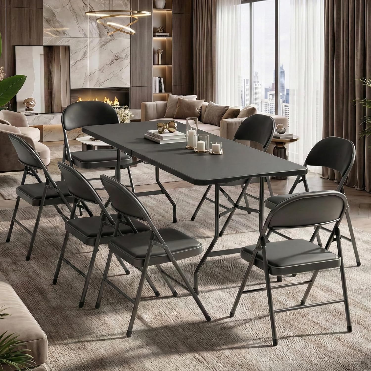 6FT Plastic Folding Table & 6 Padded Chairs Set